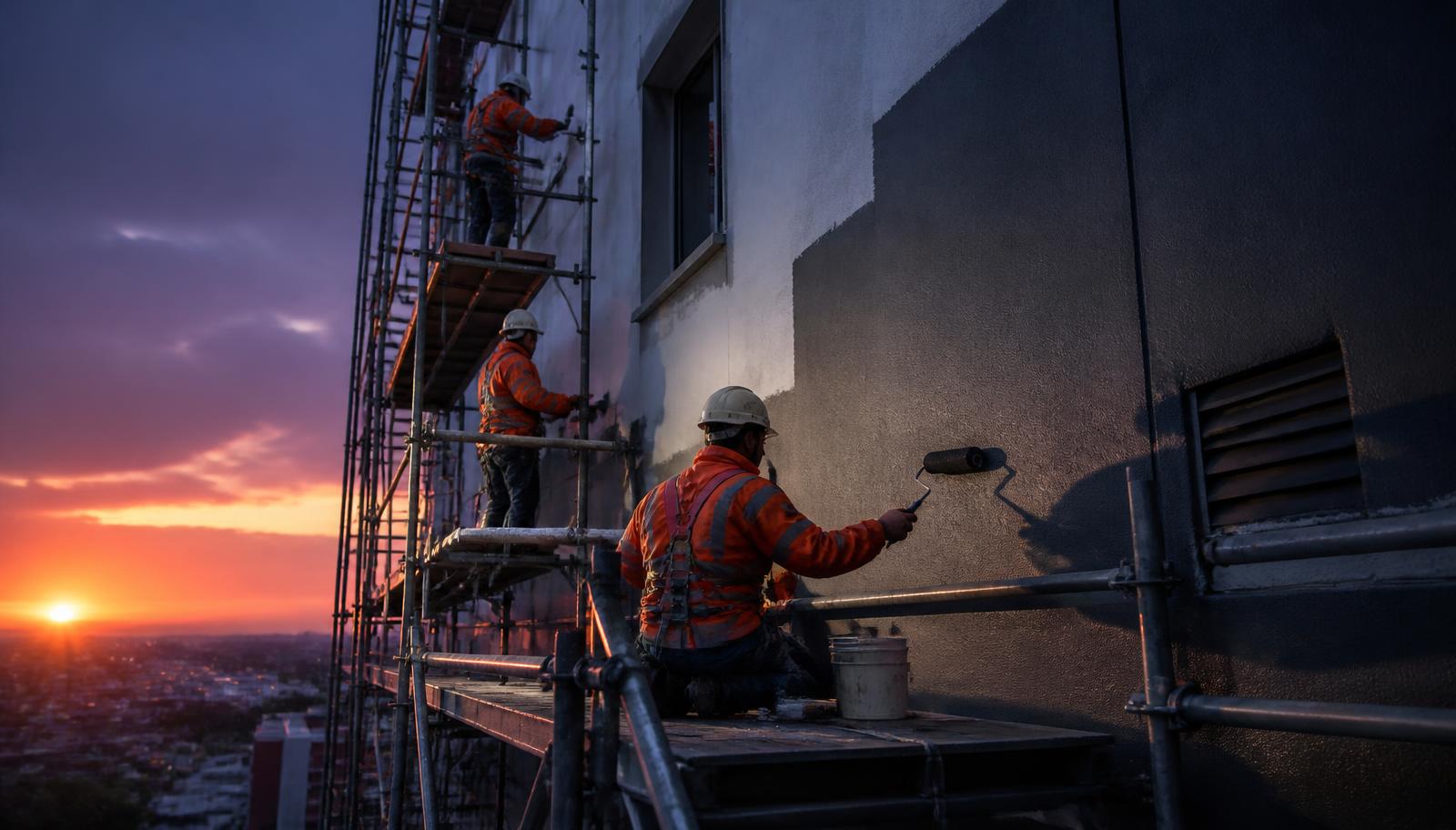 Fachada de edifício moderno sendo pintada por equipe profissional