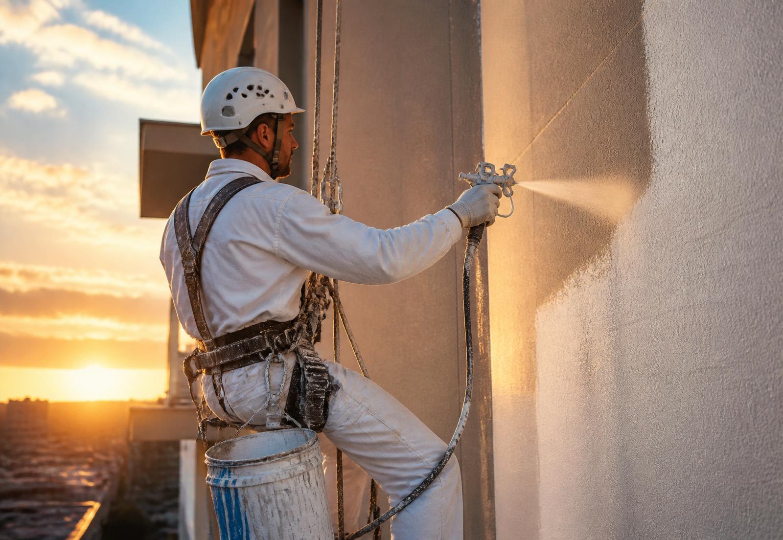 Pintor profissional aplicando pintura em fachada de prédio moderno em Taubaté
